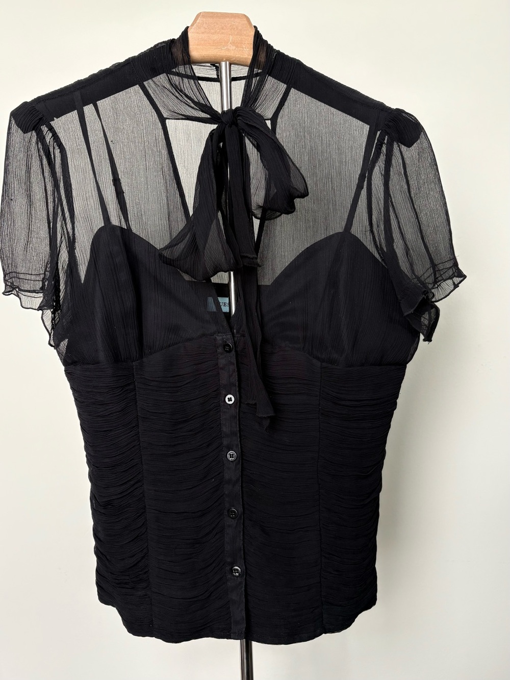 Guess by Marciano Black Sheer Tie-Neck Ruched Blouse - Picture 3 of 9